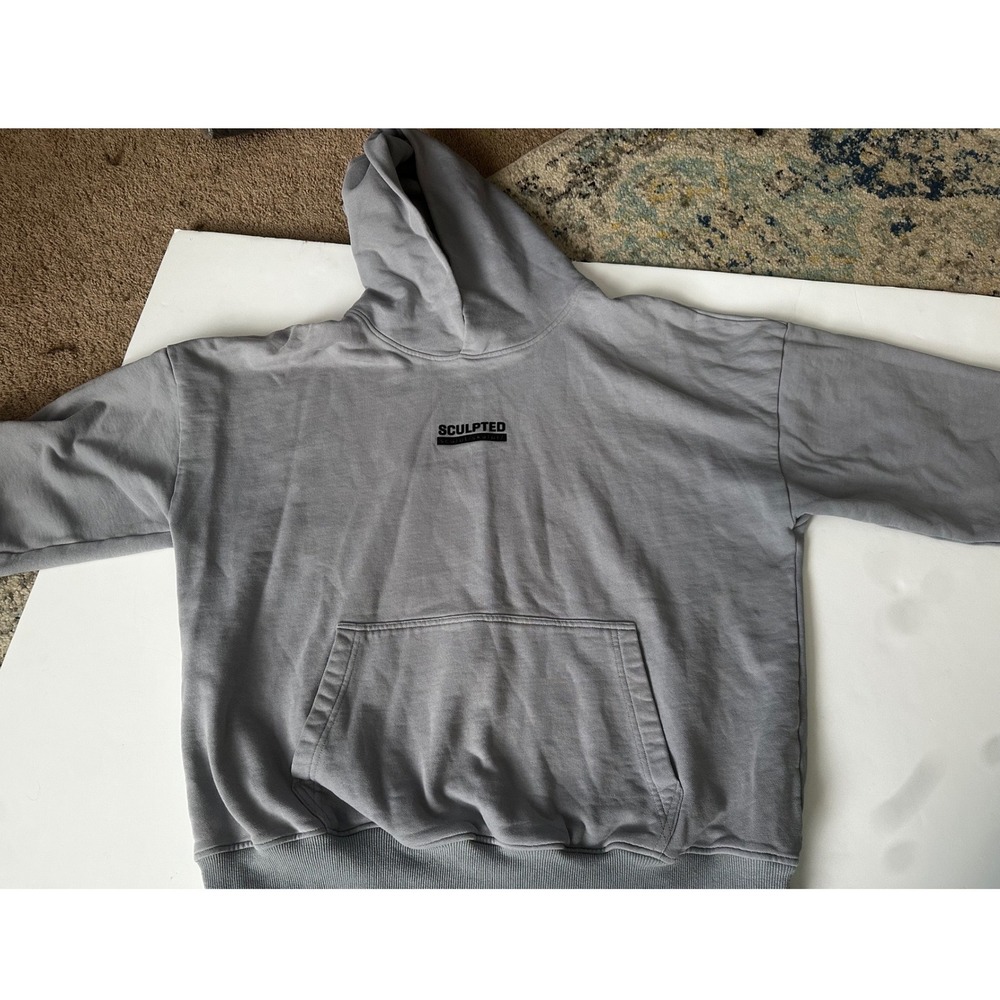 Sculpted Mens Grey French Terry Pullover Hoodie Raw Edge Short Sleeve Size L